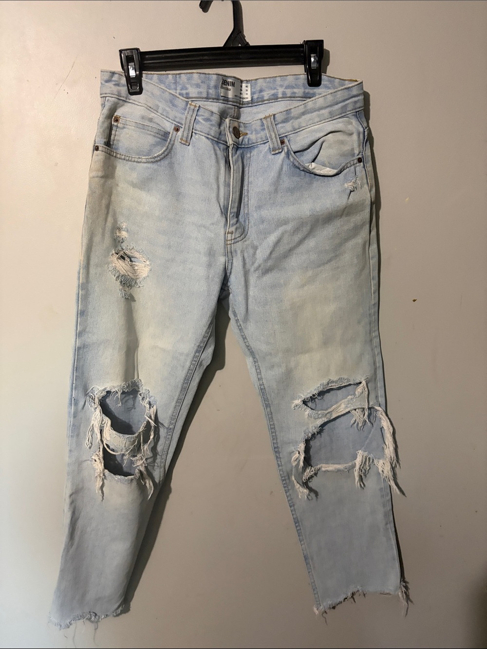 Bershka Light Blue Distressed Slim Straight Jeans